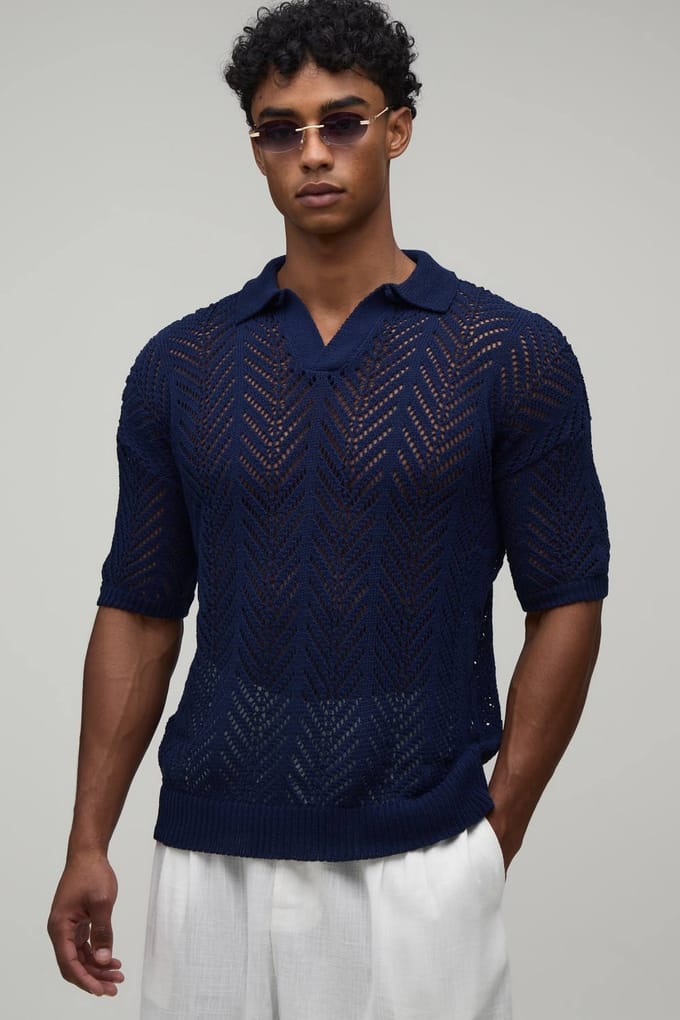 Polo Met Ontspannen Pasvorm En Open Stekenpatroon | Navy | Size Medium