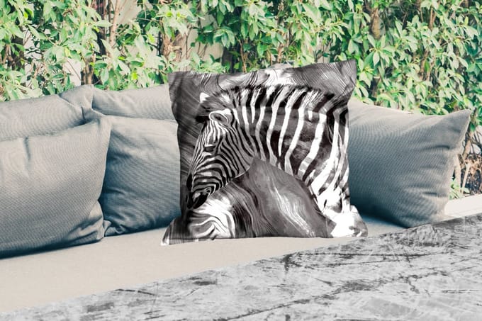 Sierkussen Buiten - Schilderij - Olieverf - Zebra - Dieren - Zwart - Wit - 60x60 cm - Weerbestendig