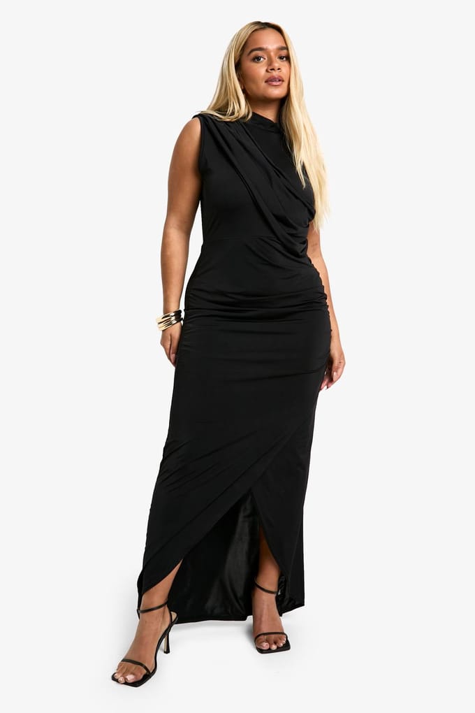 boohoo Dames Plus Slinky Wrap Detail Maxi-jurk | Zwart | Maat: 52