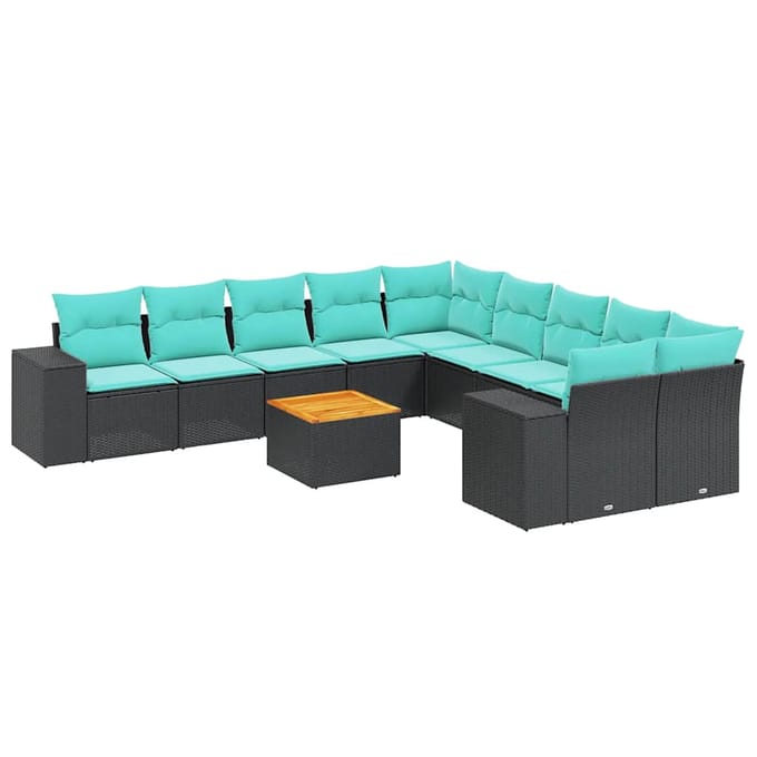 vidaXL - 11-delige - tuinbankset - met - kussens, - zwart - polyrotan
