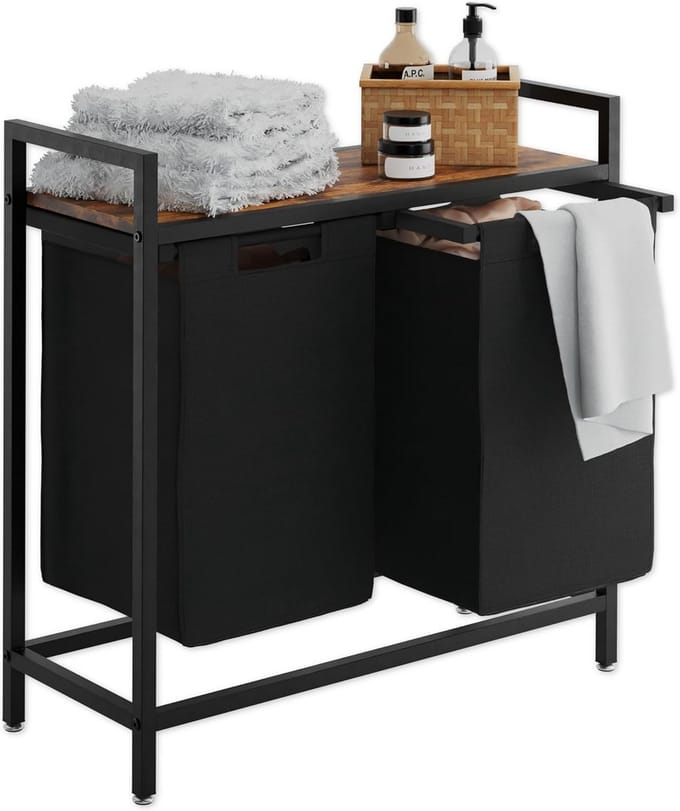 Multifunctionele Wasmand met 2 Vakken en Plank - 48 Liter Capaciteit, Bruin en Zwart