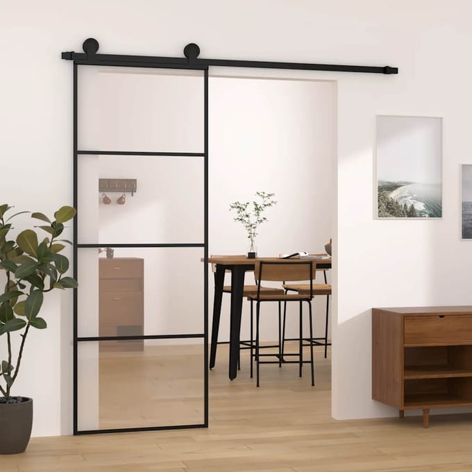 vidaXL - Schuifdeur - met - beslag - 76x205 - cm - ESG-glas - en - aluminium