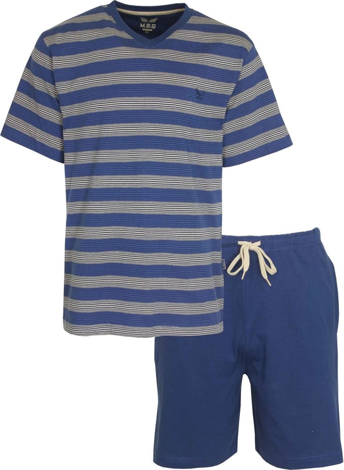 MEQ Heren Shortama - Streepdessin - Pyjama Set - Blauw - Maat S