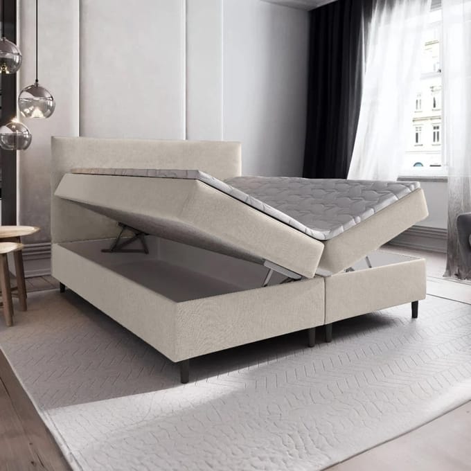 Boxspring met Opbergruimte Milou - 140x200 cm - Bonellvering - Stof Beige - 2-Persoons