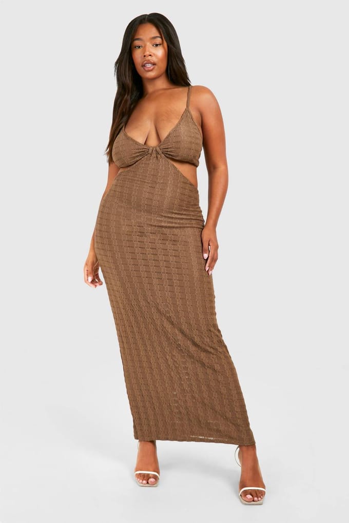 boohoo Dames Plus Jersey Gebreide Riempjes Strand Maxi Jurk | Chocoladebruin | Maat: 56