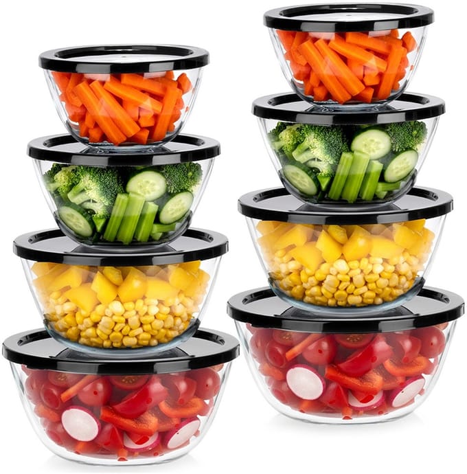 Vilde - Glazen Schalen Set - 750ml/1L/1,5L/2L - Met Deksel - Stapelbaar