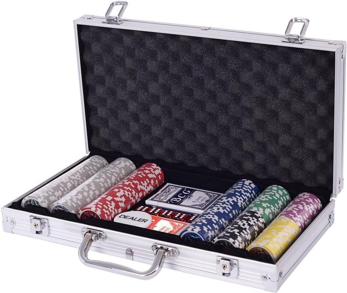 Costway Pokerset, 300 laserchips, inclusief aluminium koffer, complete set (zilver)
