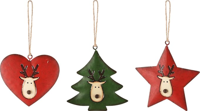 Dekoratief | Hanger hartje/boompje/ster m/rendier, metaal, 8x2x7cm, set van 3 stuks | A245814