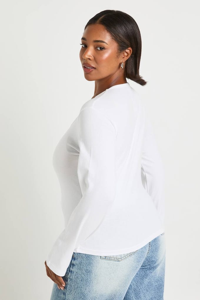 boohoo Dames Plus Basic Top met vierkante hals en lange mouwen | Wit | Maat: 44