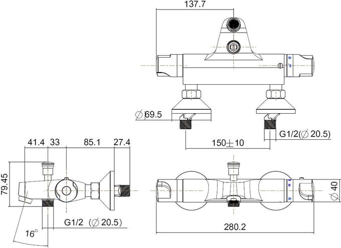 Xellanz Universele thermostatische badmengkraan chroom