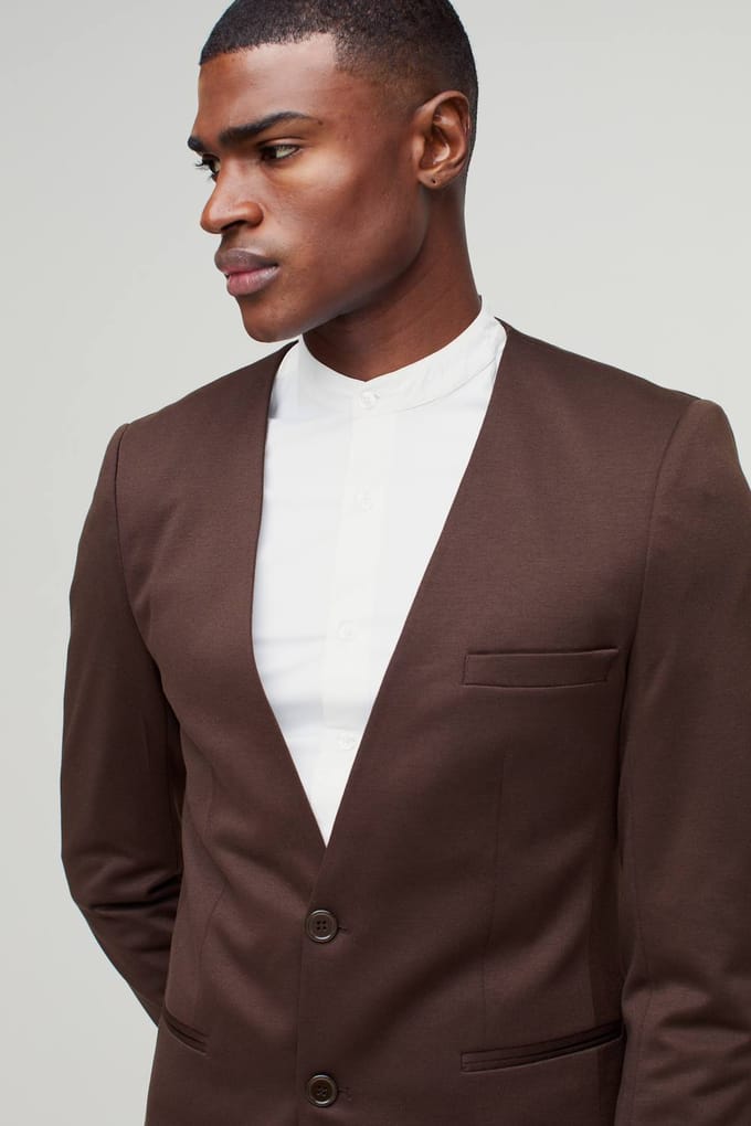 Slanke Kraagloze Jersey Blazer | Brown | Size 36