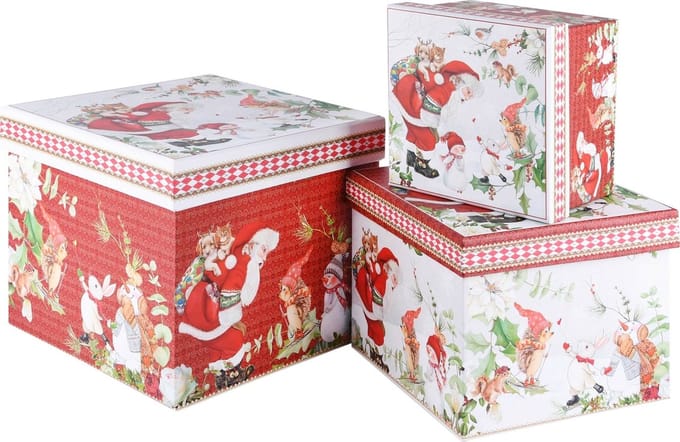Dekoratief | Set 3 dozen vierkant 'Classic Santa', karton, 21x21x17cm | A225881