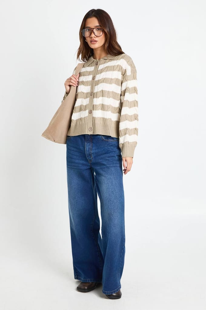 boohoo Dames Gestreepte kraaggebreide cardigan | Taupe | Maat: Medium