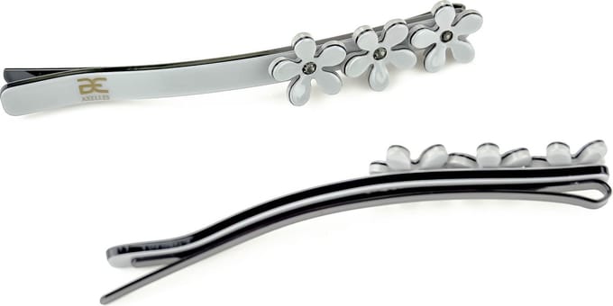 Luxe haarspeldje bloemjes & strass (2 set), pastel-grijs.