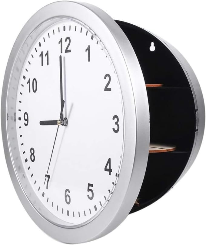 Wandklok Kluis - Geheime Opberger - Waardevolle Spullen - Functionele Klok - 25x25x7cm - Zilver