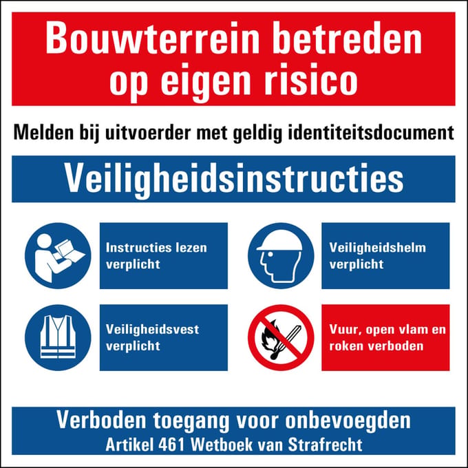 Bouwterrein betreden op eigen risico art 461 sticker 150 x 150 mm