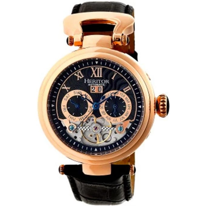 Heritor Automatic Ganzi Semi-Skelet Horloge met Leren Band - Roségoud/Zwart