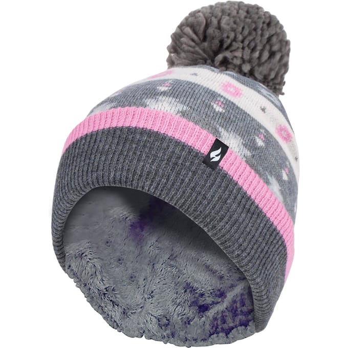 Heat Holders - Dames Thermische Winter Pom Pom Muts - Roze / Grijs