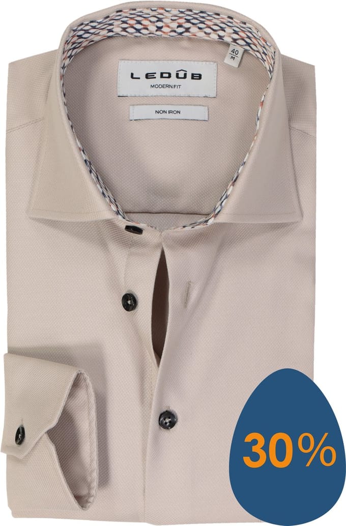 Ledub modern fit overhemd - popeline - lichtbruin - Strijkvrij - Boordmaat: 46
