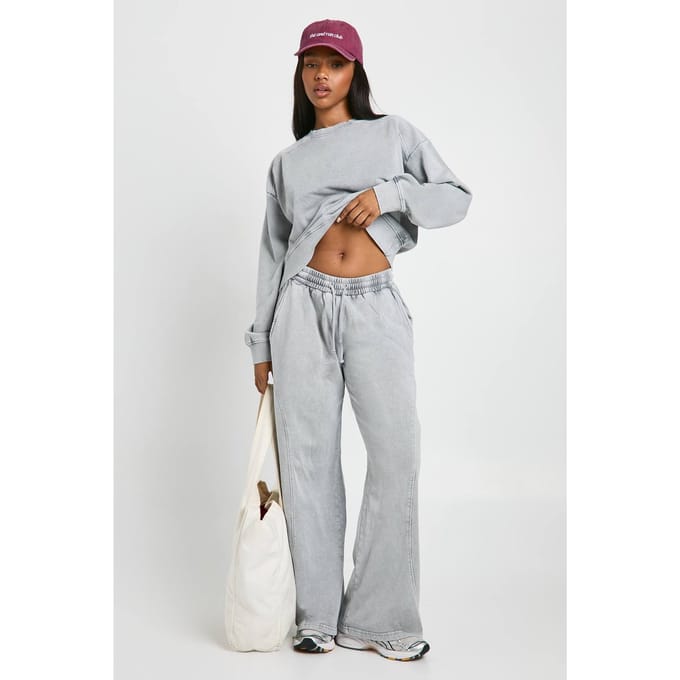 boohoo Dames Gewassen geribbelde detail rechte pijp trainingspak | Houtskool | Maat: Medium