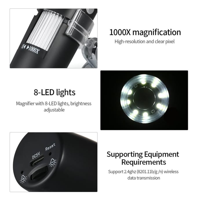 1000X vergroting USB digitale microscoop met standaard vergrootglas met 8-LED licht vergrootglas voor zwart/zilver