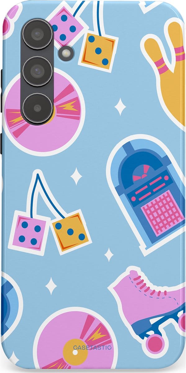 Casetastic hoesje geschikt voor Samsung Galaxy A55 - Dubbellaagse bescherming - Flashback vibes - Fashion Case - Lichtblauw Lavendel Wit