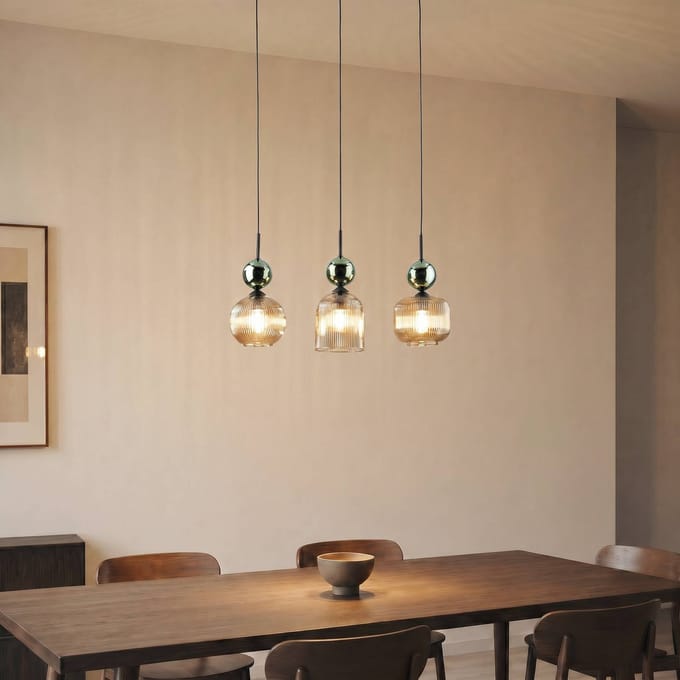 SOPHIA GREEN COGNAC Glazen Hanglamp 3x E14 - Stijlvol Amber & Groen