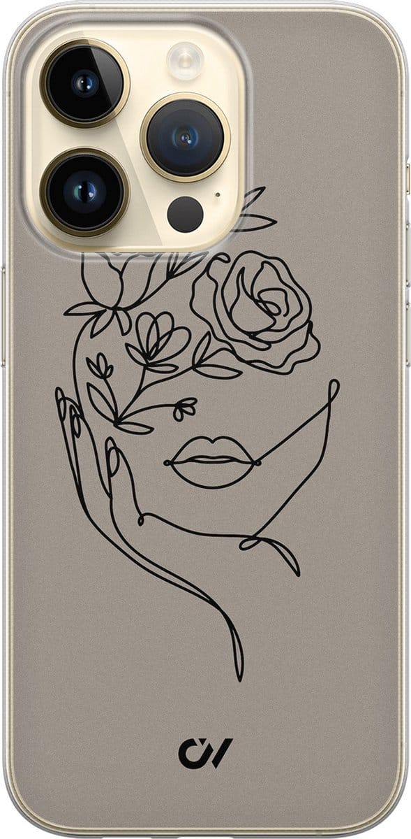 Hoesje geschikt voor Apple iPhone 14 Pro - Oneline Face Flower - - Grijs - Apple - Casevibes