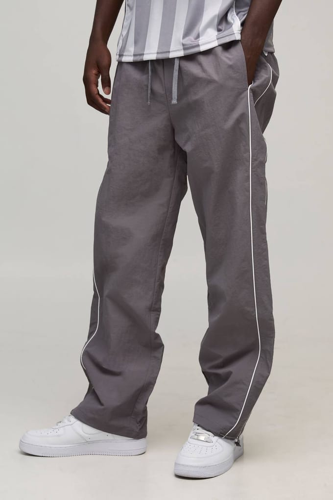 Relaxed Fit Nylon Piping Detail Track Pants | Grey | Size Medium