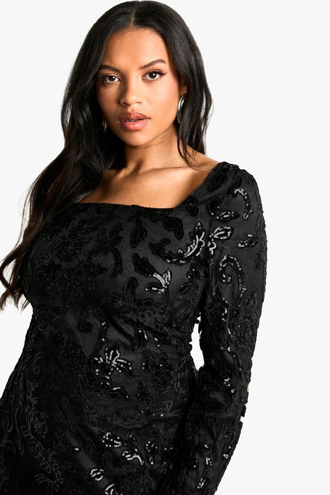 boohoo Dames Plus Demask Bodycon-jurk met vierkante hals | Black | Maat: 24