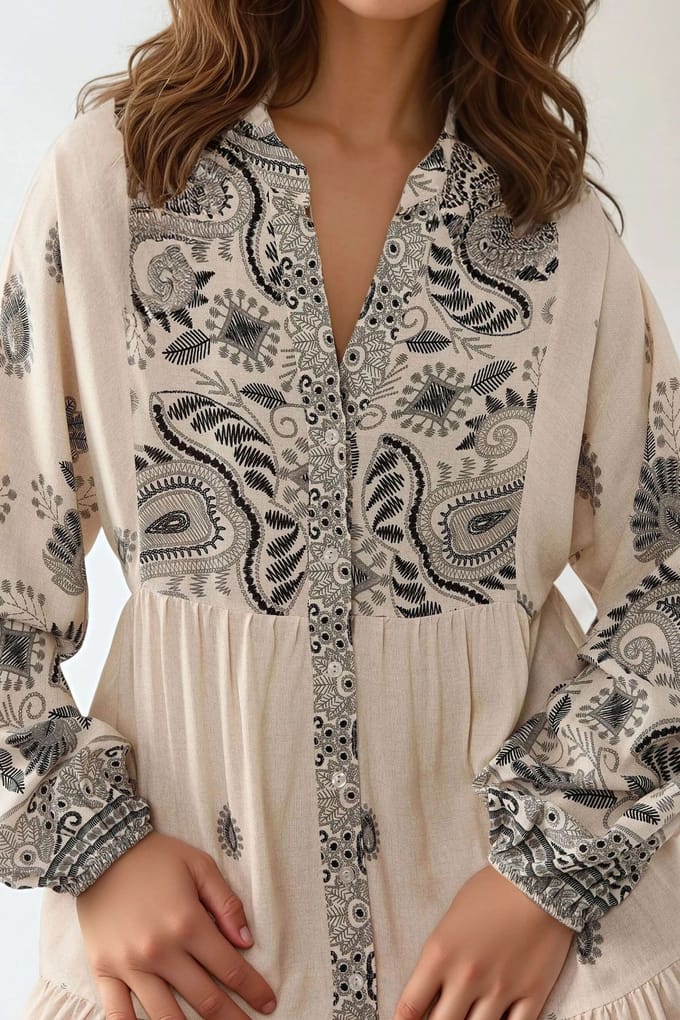 Geprinte V-hals Maxi-jurk met Knopdetail