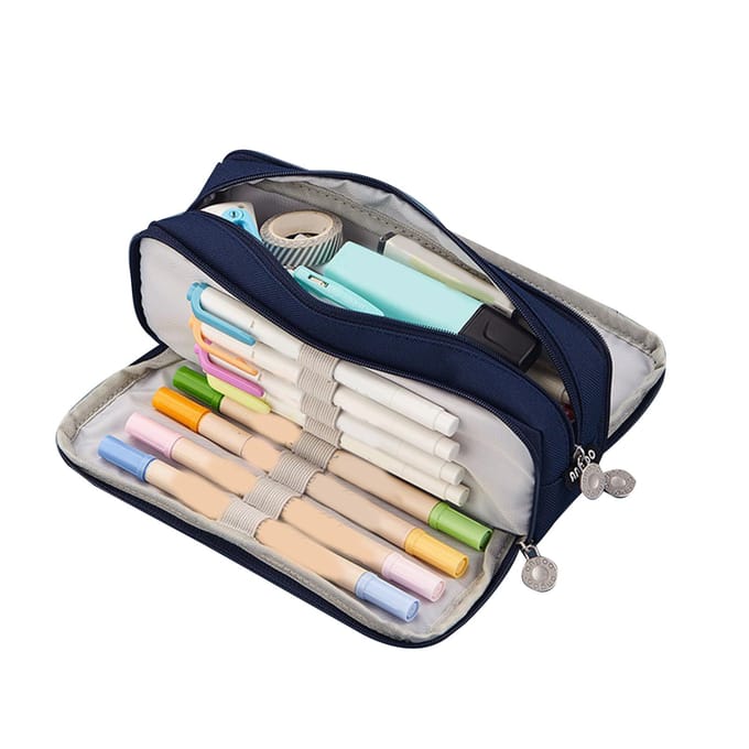 Trousse à crayons à 3 compartiments, grande capacité, double ouverture, toile souple, anti-poussière, fermeture éclair bleu marine