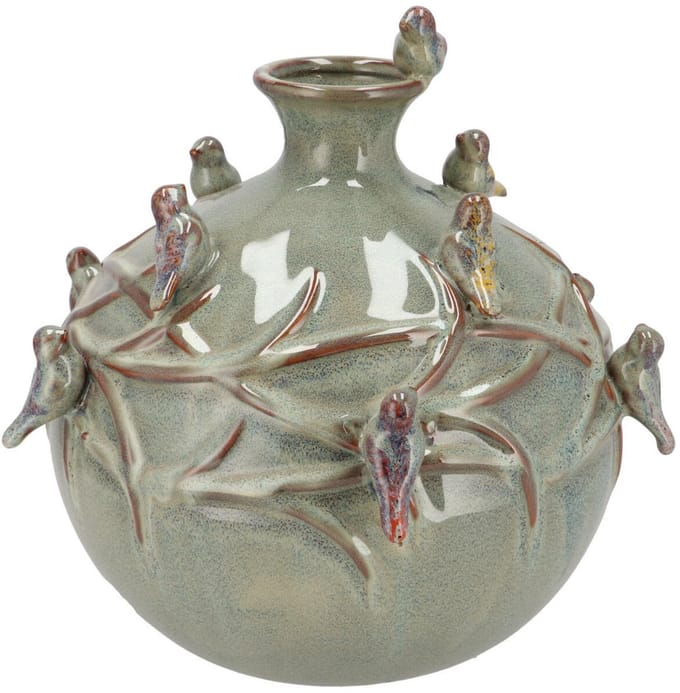 DK Design Vaas Spring birds - mosgroen - keramiek - D29 x H28 cm - bloemenvaas