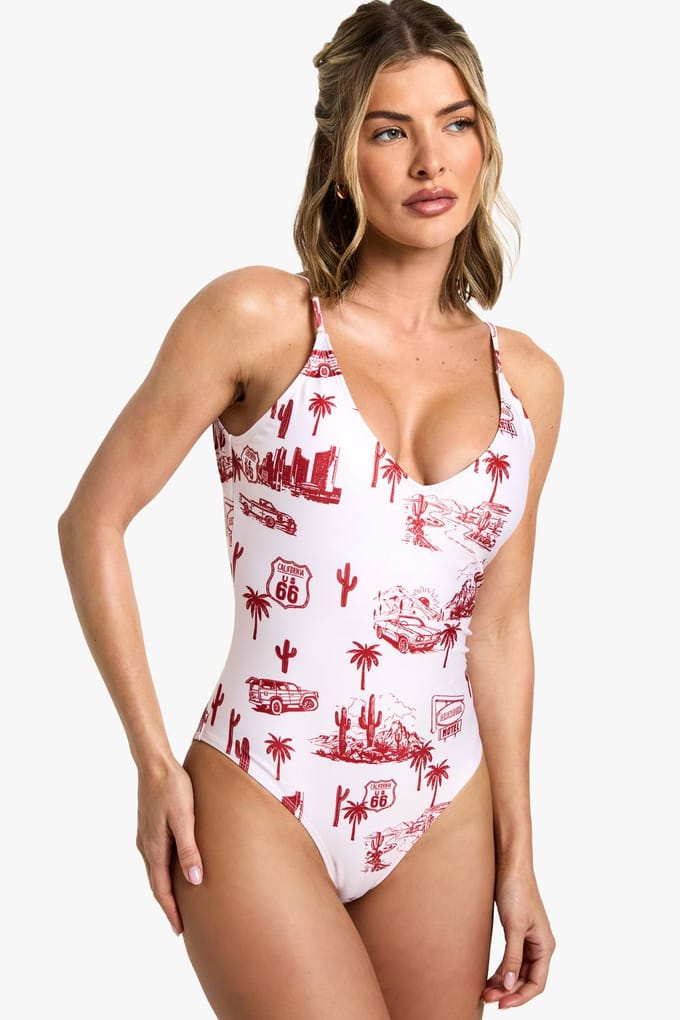 boohoo Dames Motel Print Badpak | Red | Maat: 6
