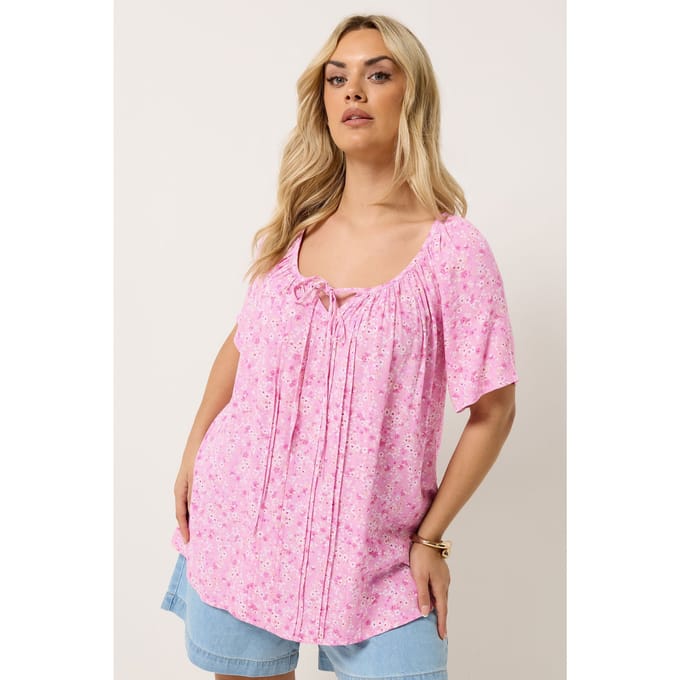 Yours Roze Blouse Met Bloemenprint En Strik Aan De Hals Size 46