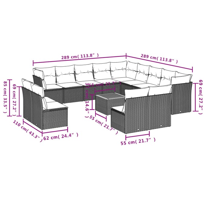 vidaXL - 14-delige - Loungeset - met - kussens - poly - rattan - grijs