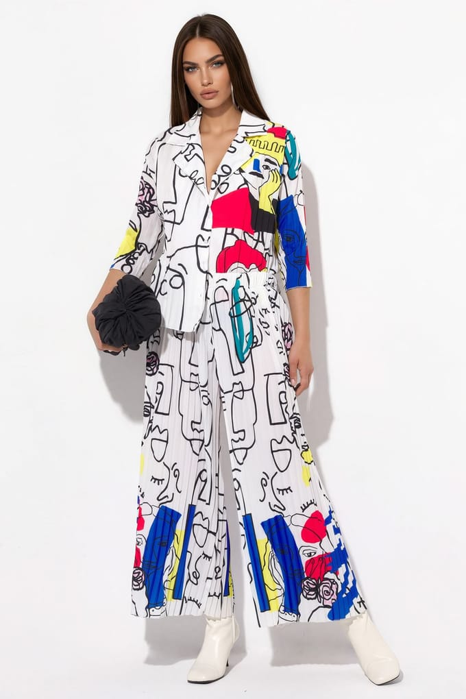 Abstracte Print Shirt en Wijde Pantalon Set