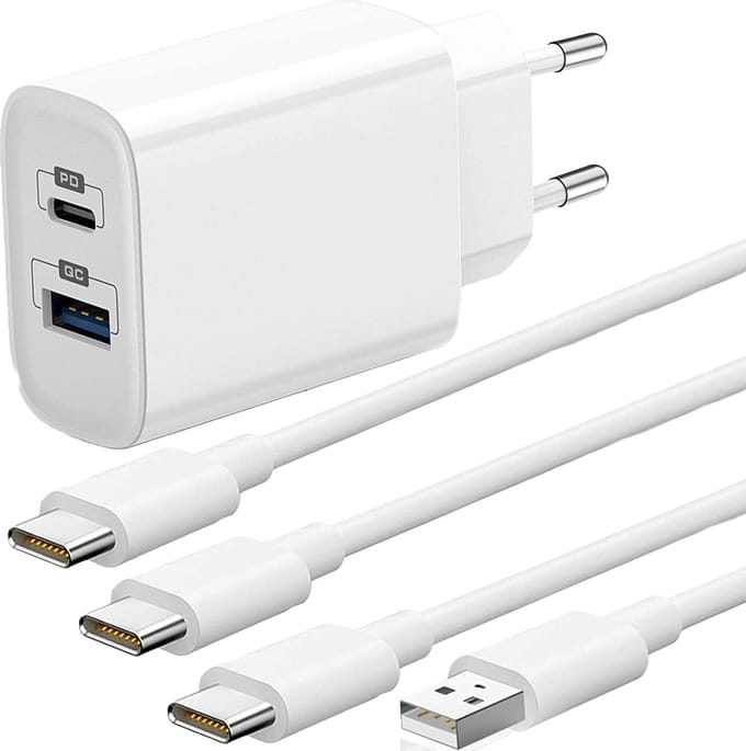 20w Oplader 2 Poorten + usb-C Kabels 2 meter - Lange oplader voor telefoon, tablet, e-reader, koptelefoon, bluetooth speaker