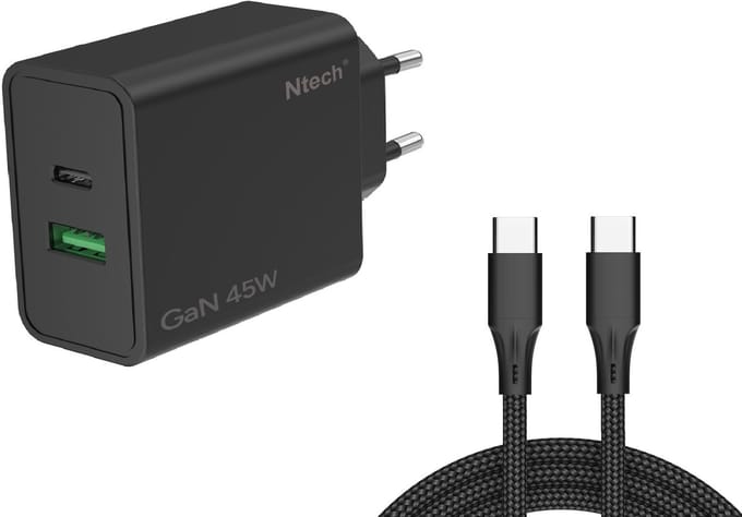 Ntech - USB C Adapter 45W & USB-A 18W - USB C Oplader Zwart - Inclusief USB-C Kabel 1 Meter - USB C Snellader - USB C Lader - Universeel o.a. Telefoons & Laptops