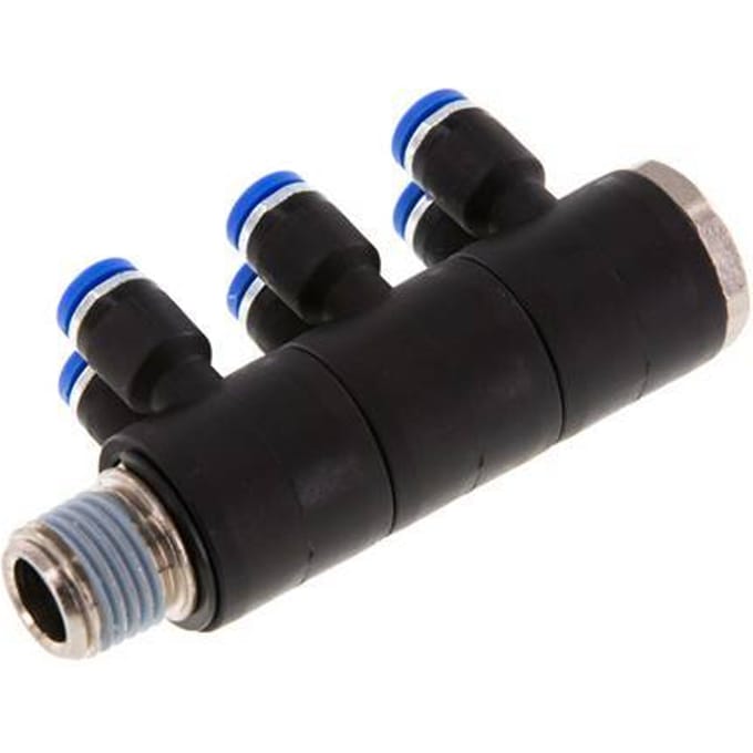 4mm x R1/4'' 6-way Manifold Messing/PA 66 Insteekfitting Buitendraad Draaibaar NBR