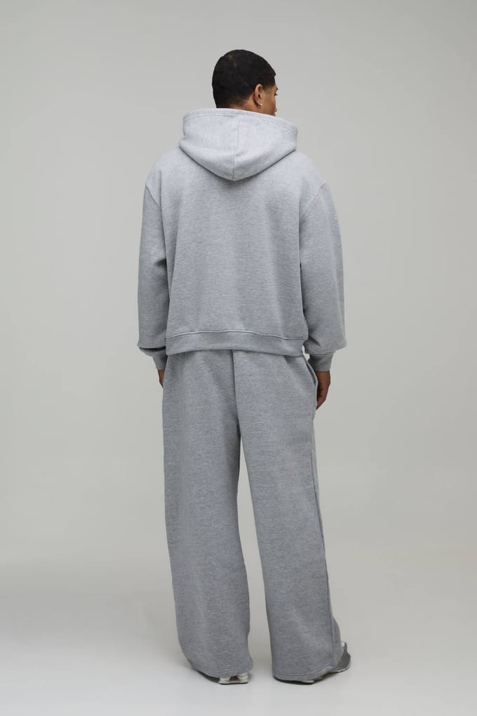 Oversized Boxy Heren Sport Trainingspak met Capuchon en Rits en Wijde Pijpen | Grey Marl | Size Medium