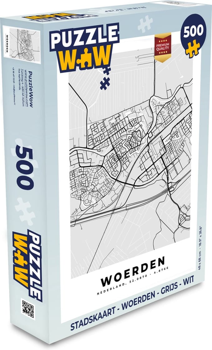 Puzzel Stadskaart - Woerden - Grijs - Wit - Legpuzzel - Puzzel 500 stukjes - Plattegrond
