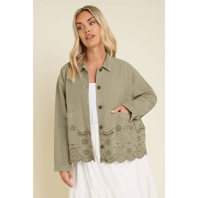 Yours Shacket Van Keperstof Met Broderieontwerp In Kakigroen Size 46