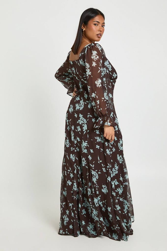 boohoo Dames Plus Floral Chiffon Melkmeisje Maxi-jurk | Chocolate | Maat: 18