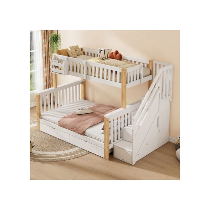 Lit d'enfant multifonctionnel - MUVOE - Blanc + couleur naturelle - 2 places - Avec tiroirs - Design évolutif blanc