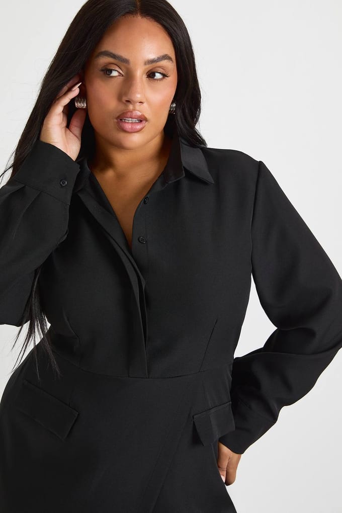boohoo Dames Plus Geweven Wrap Shirtjurk | Zwart | Maat: 48