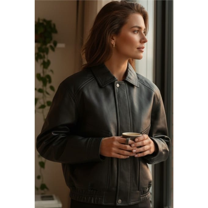 Dames zwarte leren Biker Blouson Bomber Oversized Jas - Moon