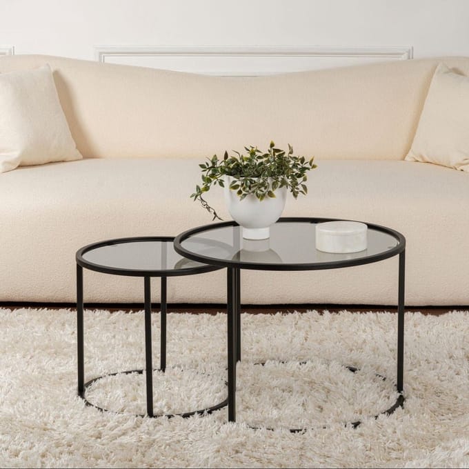 Salontafelset van 2 Rond Glas - Zwart Frame - 42 en 60 cm - Barlin