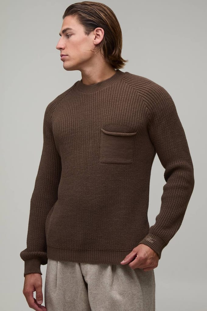 Regular Fit Raglan Geribbelde Gebreide Trui | Taupe | Size Medium