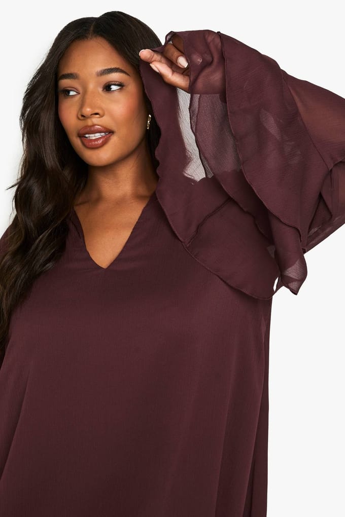 boohoo Dames Plus chiffon smock jurk met strik-hals | Plum | Maat: 18